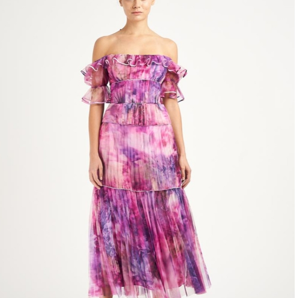 NWT Marchesa Notte Pleated Chiffon Off-Shoulder Gown Size 4